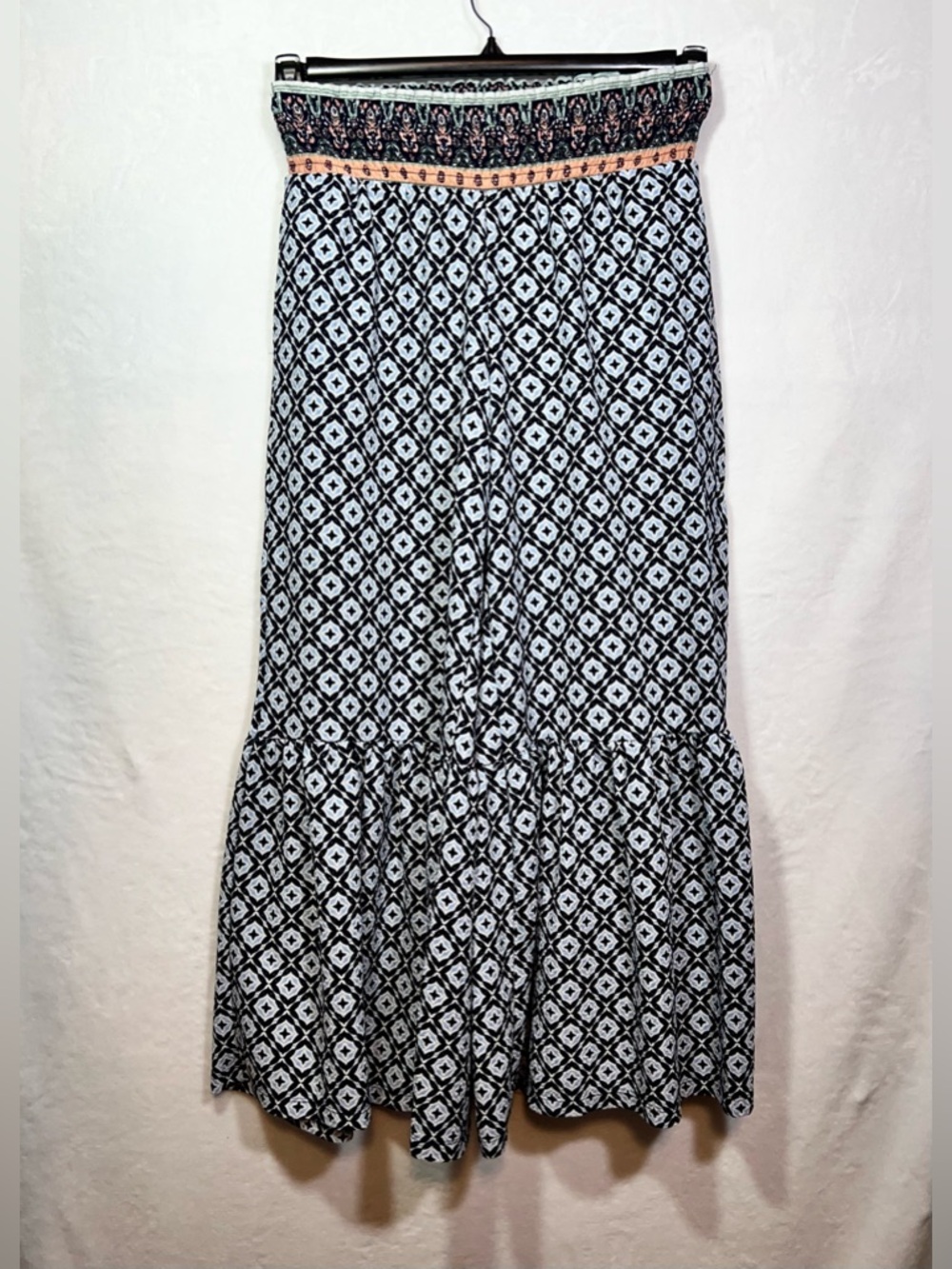 Cato Blue Black Geometric Smocked Waist Wide Leg Ruffle Pants Women L - Picture 2 of 12